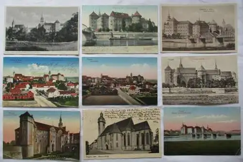 45842 Ak 9x Torgau - Schloss Hartenfels, Stadtkirche, Elbebrücke, Totalansicht