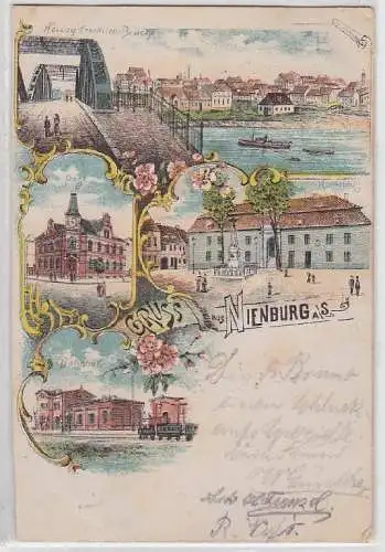 84190 Ak Lithographie Gruß aus Nienburg a.S. Post, Bahnhof usw. 1898
