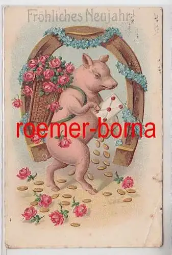 68994 geprägte Ak Neujahr Schwein mit Rosen in der Kiepe vor Hufeisen 1908