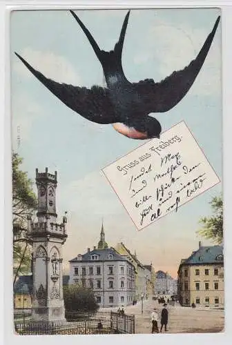 93008 AK Gruss aus Freiberg - Ortsansicht mit Schwalbennachricht 1909