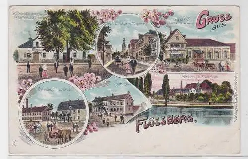 67769 Ak Lithographie Gruß aus Flössberg Rittergut, Gasthof, Schule usw. 1910