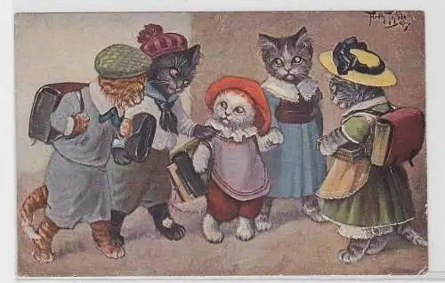 87994 Arthur Thiele Künstler Ak Katze mit Ranzen "Erster Schulgang" um 1910