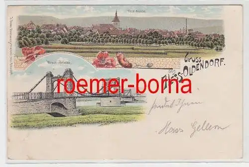 75986 Ak Lithografie Gruss aus Hess. Oldendorf Total-Ansicht, Weser-Brücke 1904
