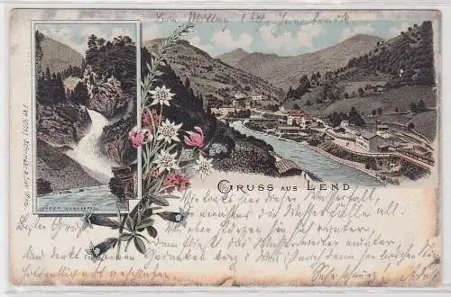 30802 Ak Lithographie Gruß aus Lend Totalansicht und Wasserfall 1897