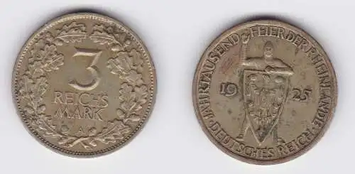 3 Mark Silber Münze 1000 Feier der Rheinlande 1925 A ss/vz (156185)