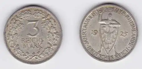 3 Mark Silber Münze 1000 Feier der Rheinlande 1925 A ss/vz (156183)