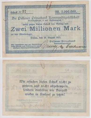 2 Millionen Mark Banknote Inflation Notgeld Passauer Privatbank 10.8.1923 134005