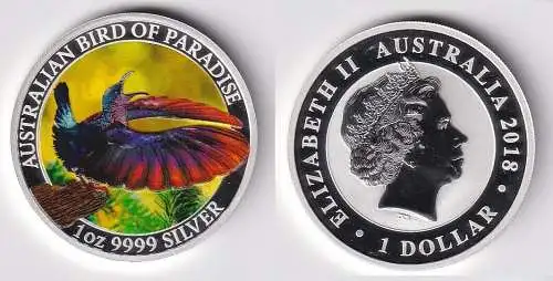 1 Dollar Silber Farbmünze Australien Paradiesvogel 2018 Stgl. 1 Unze (166057)