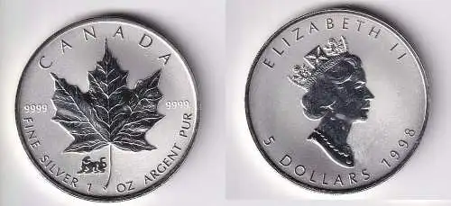 5 Dollar Silber Münze Kanada Meaple Leaf 1998 1 Unze Privy Tiger (166358)