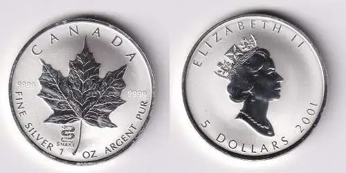 5 Dollar Silber Münze Kanada Meaple Leaf 2001 1 Unze Privy Schlange (166209)