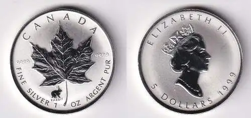 5 Dollar Silber Münze Kanada Meaple Leaf 1999 1 Unze Privy Hase (161175)