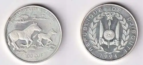 100 Francs Silber Münze Djibouti Endangered Wildlife Zebras 1994 PP (166009)