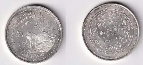 500 Rupien Silber Münze Nepal bedrohte Tierwelt Tiger 1993 PP (166010)