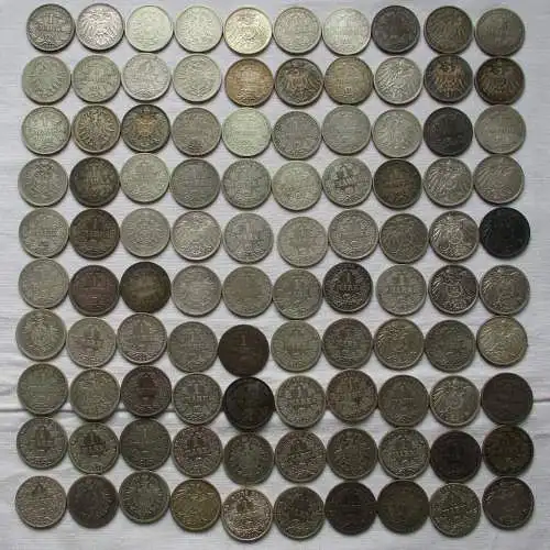 Sammlung mit 100 Silbermünzen 1 Mark Deutsches Reich Kaiserreich (105779)