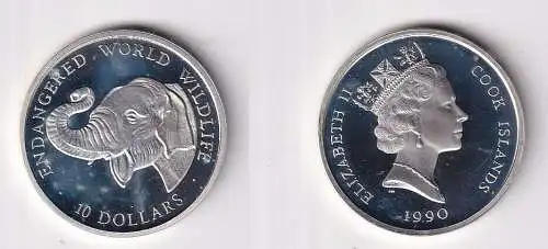 10 Dollar Silbermünze Cook Inseln 1990 Bedrohte Tierwelt Elefantenkopf (160330)