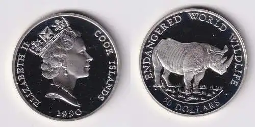 50 Dollar Silbermünze Cook Inseln 1990 bedrohte Tierwelt Spitzmaulnashorn 166439