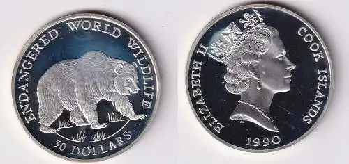 50 Dollar Silber Münze Cook Inseln 1990 bedrohte Tierwelt Grizzlybär (166398)