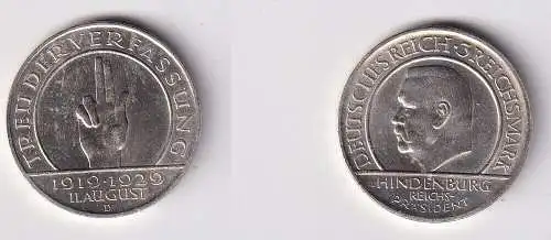 Silber Münze 3 Mark Verfassung "Schwurhand" 1929 D f. vz (166286)