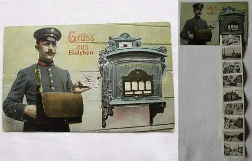 904710 Leporello Ak Gruß aus Eisleben Briefträger mit Briefkasten 1911