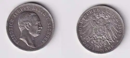 3 Mark Silber Münze Sachsen König Friedrich August 1909 E (145643)