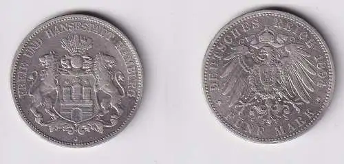 5 Mark Silbermünze Freie und Hansesatdt Hamburg 1894 Jäger 65 ss (145584)