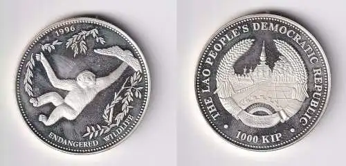 1000 Kip Silbermünze Laos Schwarzer Schopfgibbon 1996 PP (152143)