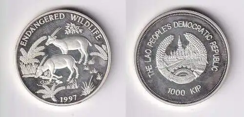 1000 Kip Silbermünze Laos Long-horned Saola 1997 PP (155801)