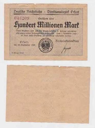 100 Millionen Mark Banknote Reichsbahndirektion Erfurt 22.9.1923  (118735)