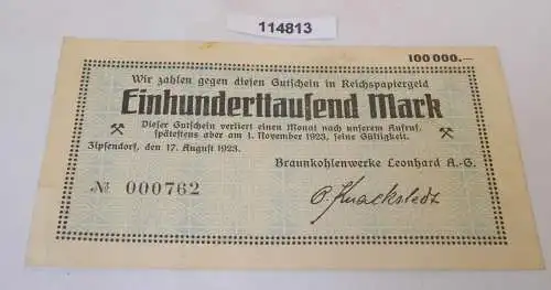 100000 Mark Banknote Inflation Zipsendorf Braunkohlenwerke Leonhard 1923(114813)