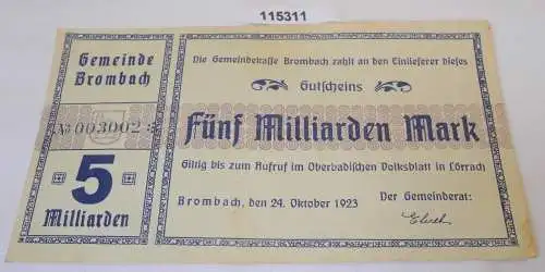 5 Milliarden Mark Banknote Inflation Gemeindekasse Brombach 24.10.1923 (115311)