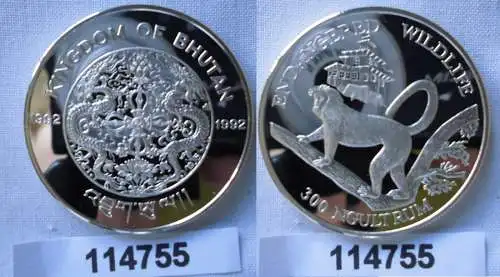 300 Ngultrum Silber Münze Bhutan 1992 bedrohte Tierwelt Goldlangur (114755)