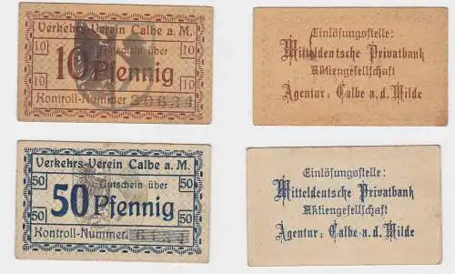 10 & 50 Pfennige Banknoten Notgeld Verkehrsverein Calbe a.M. (129729)
