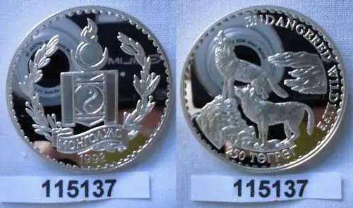 250 Togrog Ag Münze Mongolei 1992 bedrohte Tierwelt Wölfe (115137)