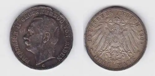 3 Mark Silbermünze Baden Großherzog Friedrich II 1909 Jäger 39  (116442)
