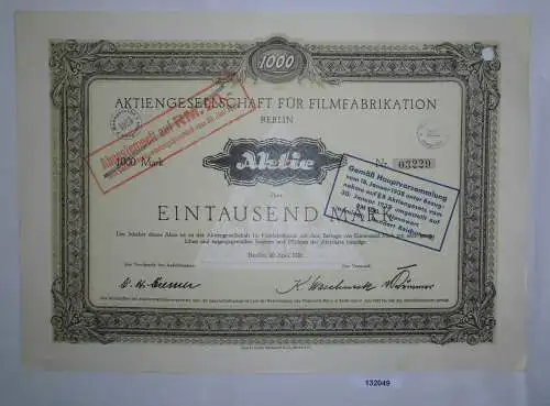 1000 Mark Aktie AG für Filmfabrikation Berlin 20. April 1921 (132049)