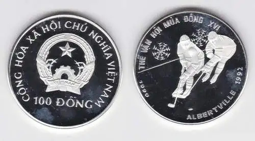 100 Dong Silber Münze Vietnam 1990 Olympiade Albertville 1992 Eishockey (141651)