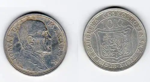 10 Kronen Silber Münze Tschechoslowakei Masaryk 1928 (129728)