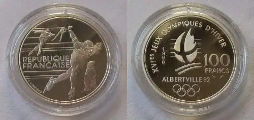 100 Franc Silbermünze Frankreich Olympia 1992 Albertville Eisschnellauf (102980)