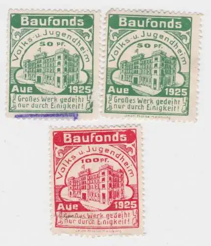 3 seltene Baufonds Marken Aue Volks- & Jugendheim 1925 (34560)