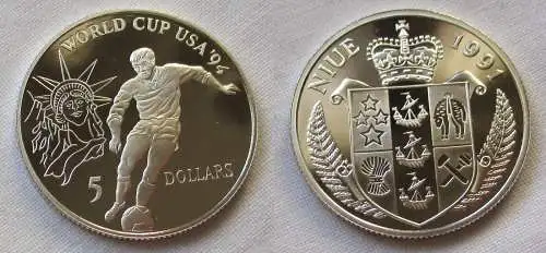 5 Dollar Silber Münze Niue 1991 Fussball WM USA 1994  (103626)