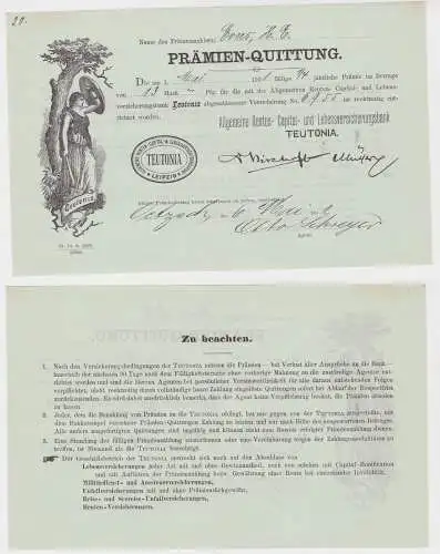 Prämien-Quittung Renten- & Lebensversicherungsbank Teutonia Leipzig 1901 /132852