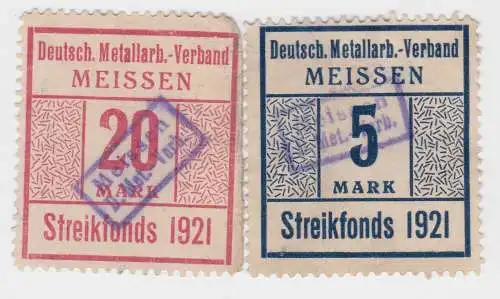 2 seltene Streikfonds Marken Dt.Metallarbeiter Verband Meissen 1921 (09580)