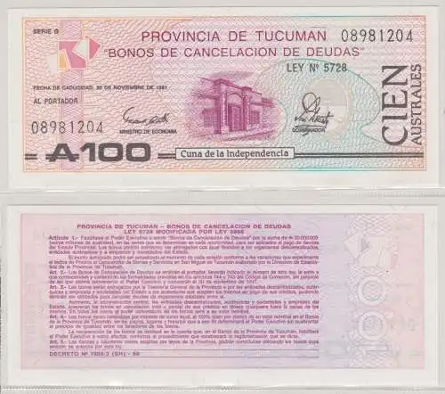 100 Australes Banknote Provincia de Tucuman Argentinien 1991 UNC (152101)