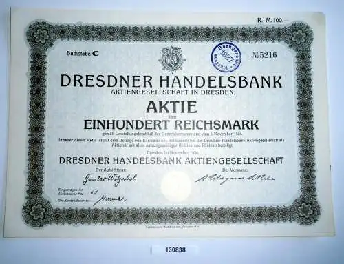 100 Reichsmark Aktie Dresdner Handelsbank AG in Dresden November 1924 (130838)