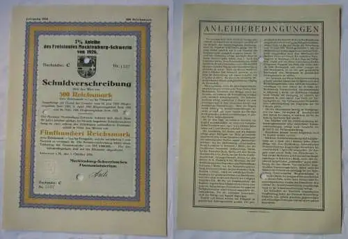 500 RM Schuldverschr. Mecklenburg-Schwerinsches Finanzministerium 1926 (121112)