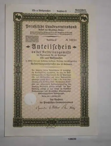 Anteilschein Ostpreußen Preußische Landesrentenbank Berlin 1.10.1928 (128230)
