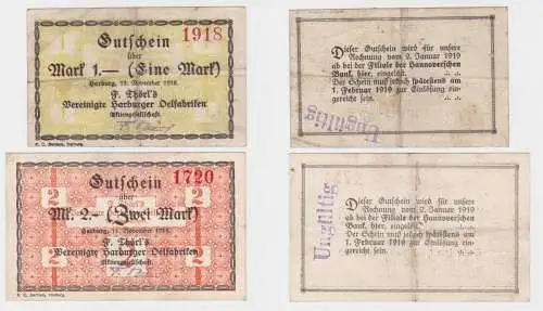 1 & 2 Mark Banknoten F.Törls vereinigte Harburger Ölfabriken 11.11.1918 (133039)