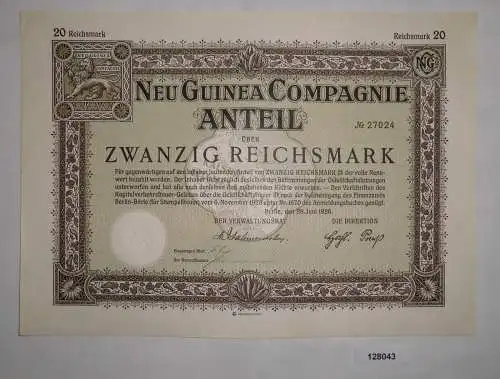 20 Reichsmark Aktie Neu Guinea Compagnie Berlin 28.Juni 1926 (127614)