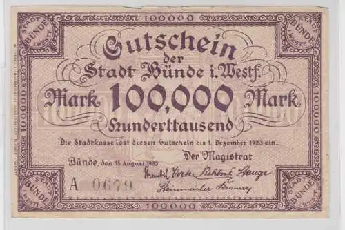 100000 Mark Banknote Inflation Stadt Bünde in Westfalen.15.8.1923 (135663)
