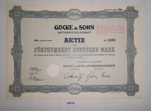 500 Mark Aktie Göcke und Sohn AG Hohenlimburg in Westfalen Mai 1952 (128710)